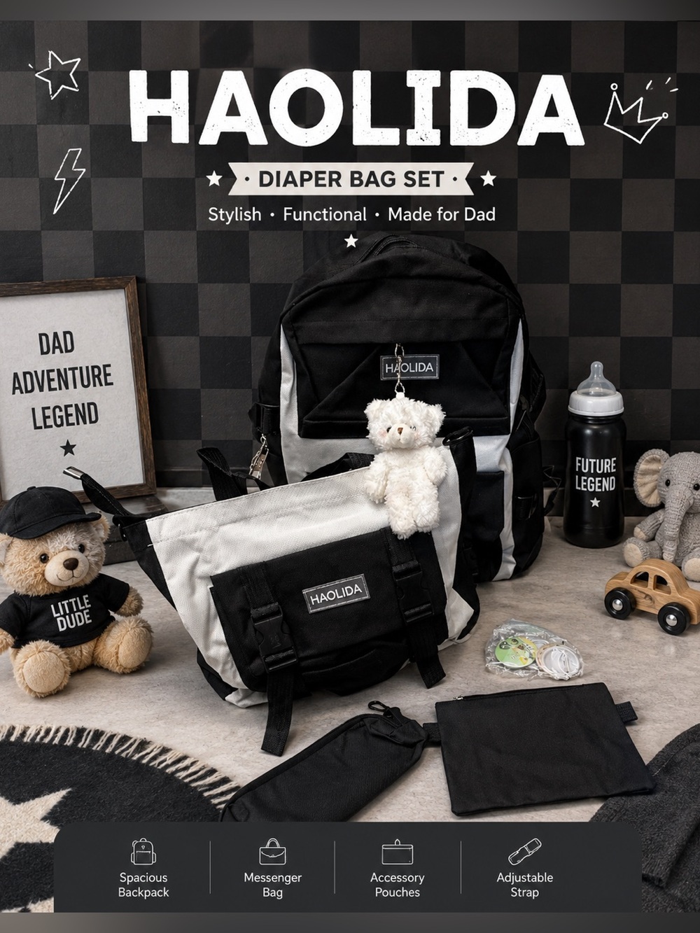 HAOLIDA Black & White Diaper Bag Set